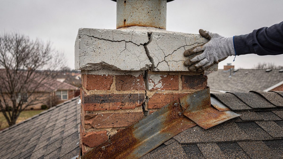 Weathered chimney crown and upper brick courses on a Broken Arrow, Oklahoma house