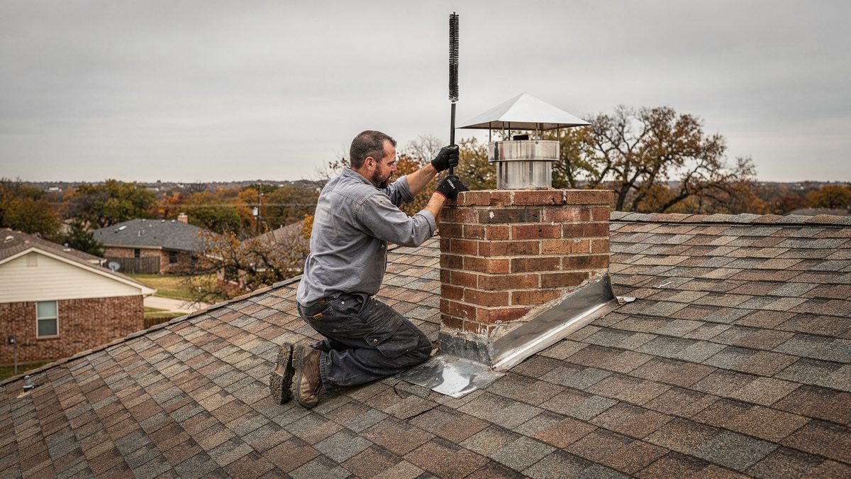 Chimney sweep on a rooftop feeding a rotary brush down a masonry flue at a Tulsa-area house